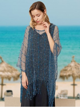 Crochet Knit Sleeved Top with Fringe